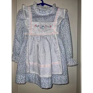 Vintage Prairie Apron Dress Maxi Blue  Floral Longsleeve Ruffles girls dress  4T